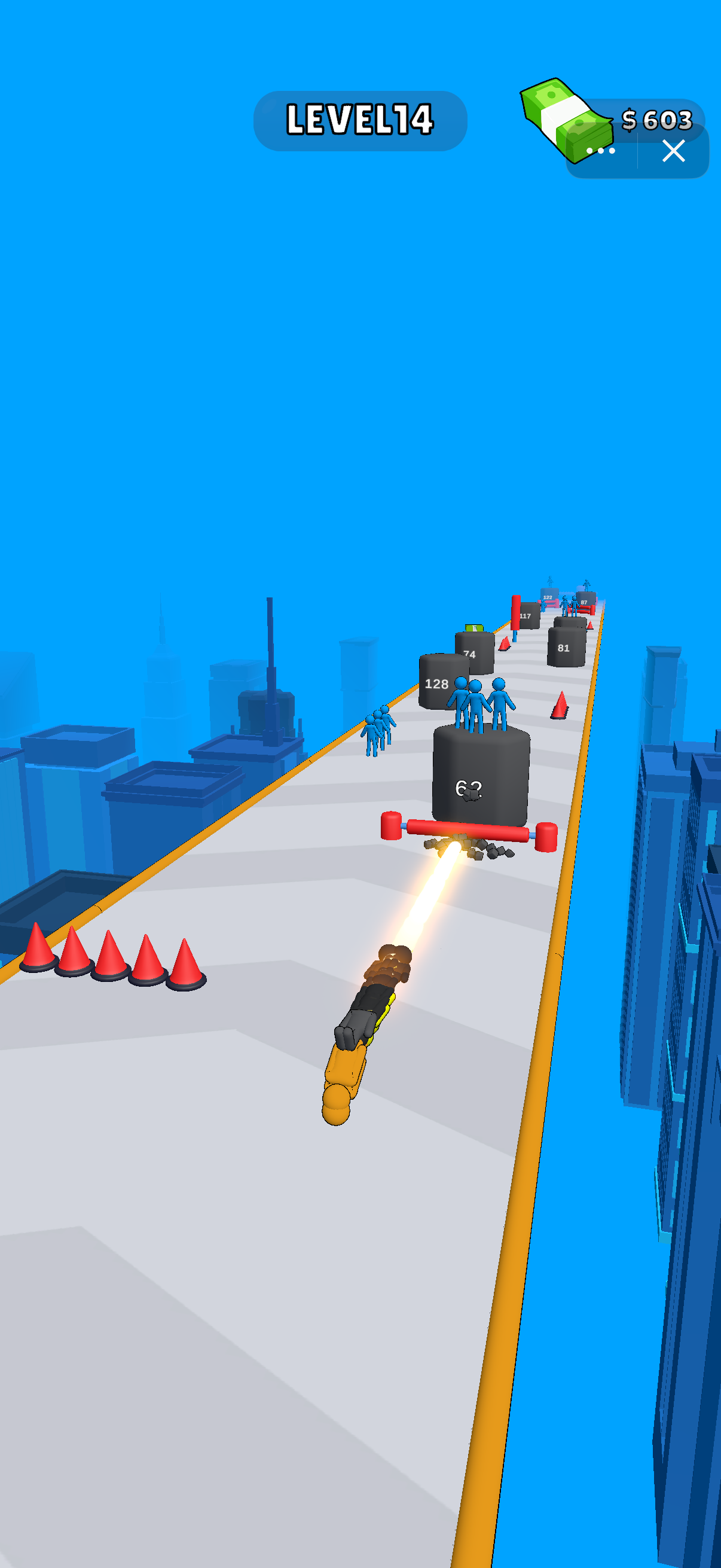 During the run, line up shots with numbered targets while steering around cones and red horizontal barriers. Look ahead to leave room for your next move.